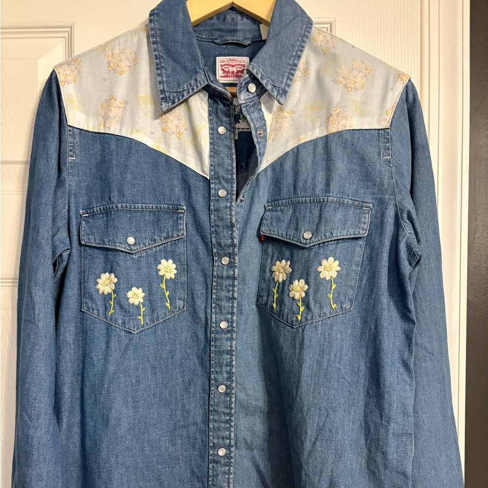Custom Shapeau upcycled Levi's Blue Denim Floral Embroidered Shirt.One of a kind